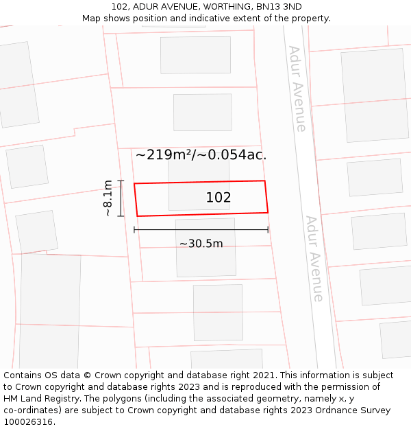 102, ADUR AVENUE, WORTHING, BN13 3ND: Plot and title map