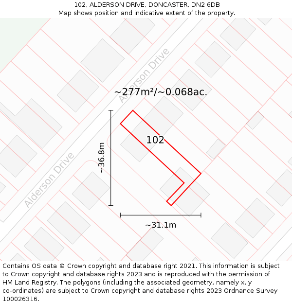102, ALDERSON DRIVE, DONCASTER, DN2 6DB: Plot and title map
