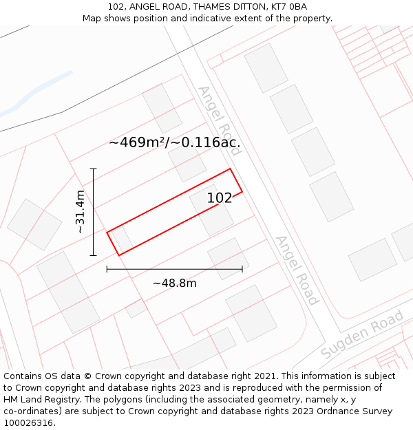 102, ANGEL ROAD, THAMES DITTON, KT7 0BA: Plot and title map