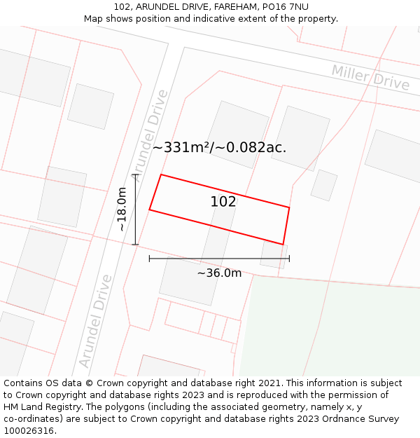 102, ARUNDEL DRIVE, FAREHAM, PO16 7NU: Plot and title map