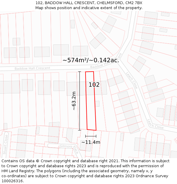 102, BADDOW HALL CRESCENT, CHELMSFORD, CM2 7BX: Plot and title map