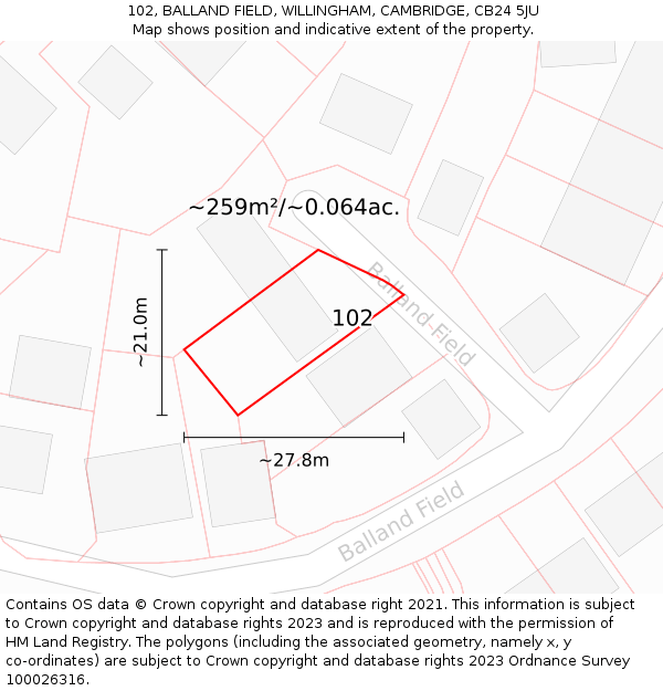102, BALLAND FIELD, WILLINGHAM, CAMBRIDGE, CB24 5JU: Plot and title map