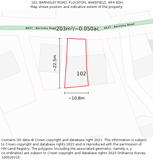 102, BARNSLEY ROAD, FLOCKTON, WAKEFIELD, WF4 4DH: Plot and title map