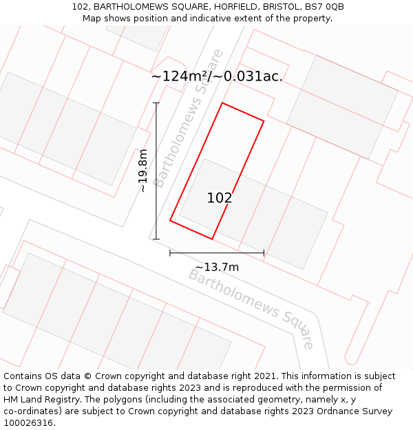 102, BARTHOLOMEWS SQUARE, HORFIELD, BRISTOL, BS7 0QB: Plot and title map