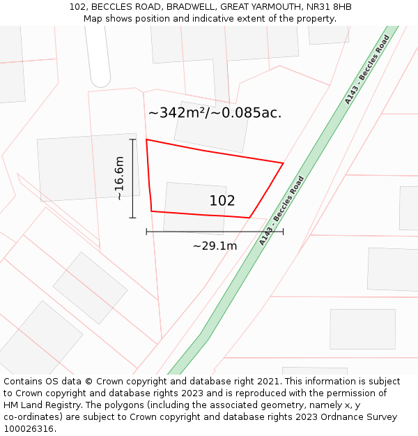 102, BECCLES ROAD, BRADWELL, GREAT YARMOUTH, NR31 8HB: Plot and title map