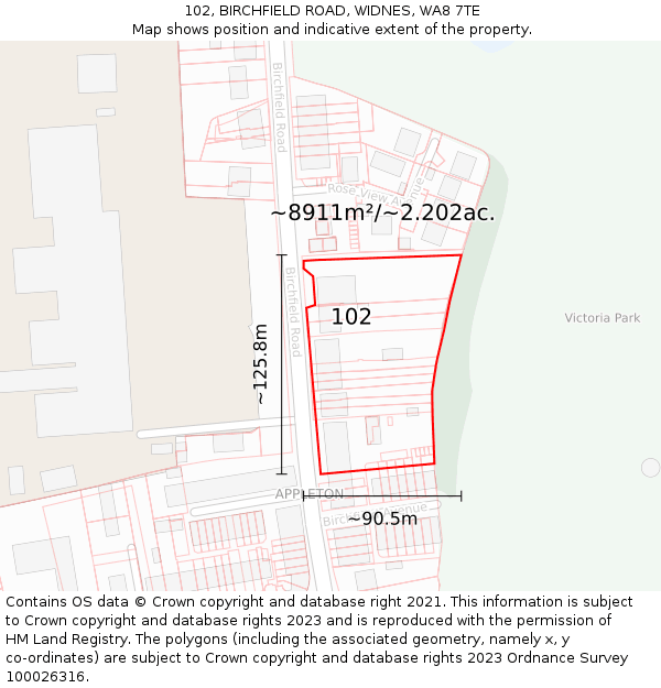102, BIRCHFIELD ROAD, WIDNES, WA8 7TE: Plot and title map