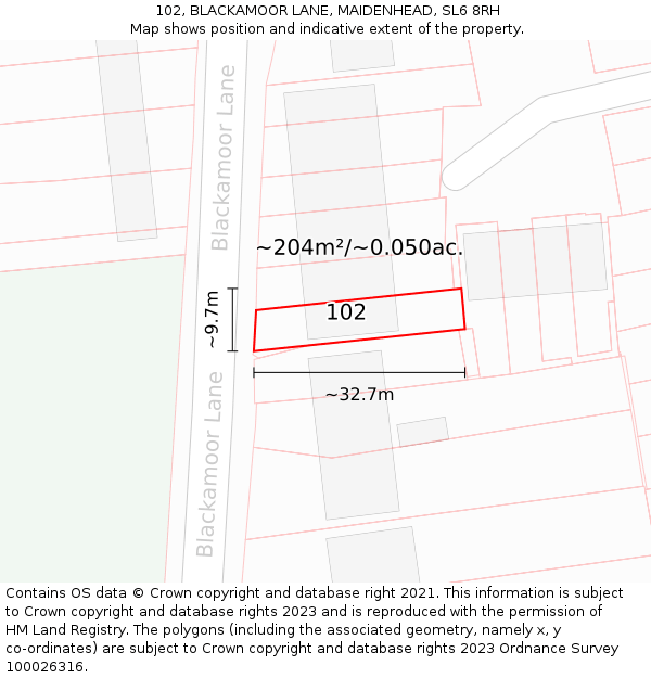 102, BLACKAMOOR LANE, MAIDENHEAD, SL6 8RH: Plot and title map