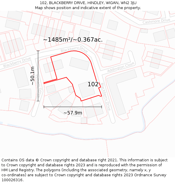 102, BLACKBERRY DRIVE, HINDLEY, WIGAN, WN2 3JU: Plot and title map
