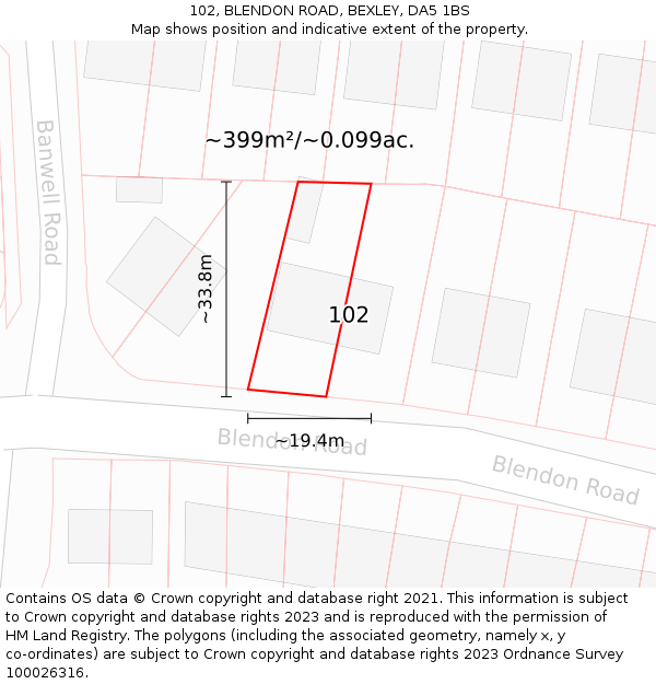 102, BLENDON ROAD, BEXLEY, DA5 1BS: Plot and title map