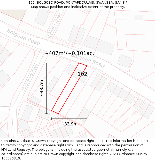 102, BOLGOED ROAD, PONTARDDULAIS, SWANSEA, SA4 8JP: Plot and title map