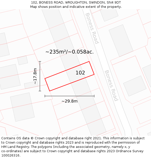 102, BONESS ROAD, WROUGHTON, SWINDON, SN4 9DT: Plot and title map