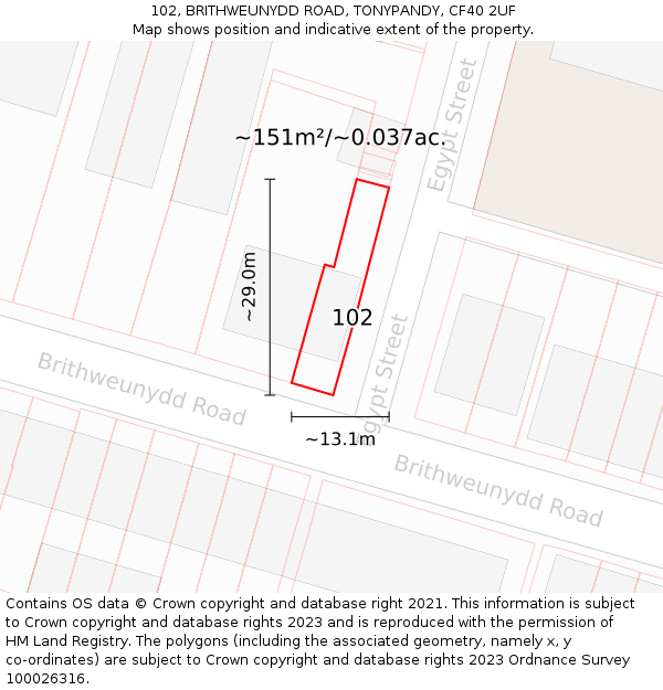 102, BRITHWEUNYDD ROAD, TONYPANDY, CF40 2UF: Plot and title map