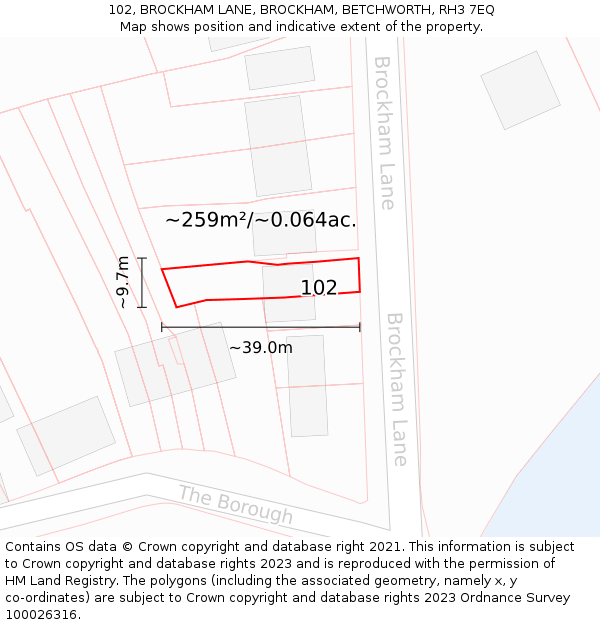 102, BROCKHAM LANE, BROCKHAM, BETCHWORTH, RH3 7EQ: Plot and title map