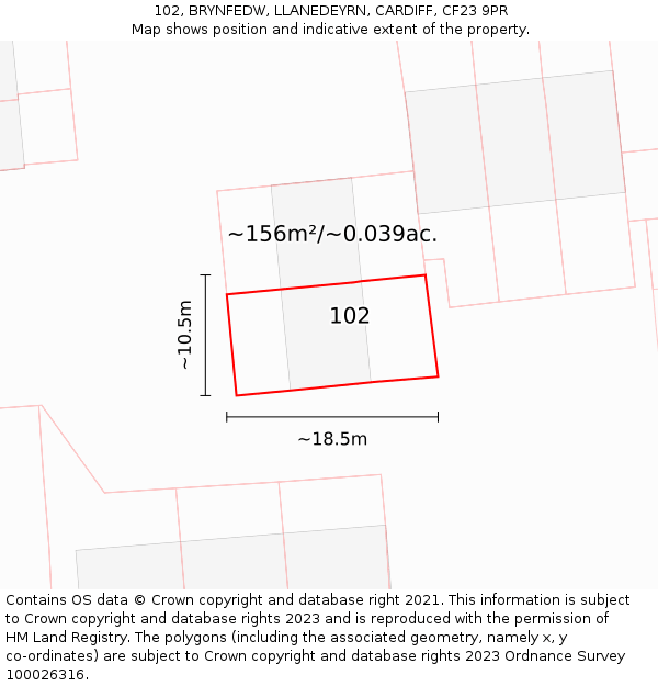 102, BRYNFEDW, LLANEDEYRN, CARDIFF, CF23 9PR: Plot and title map