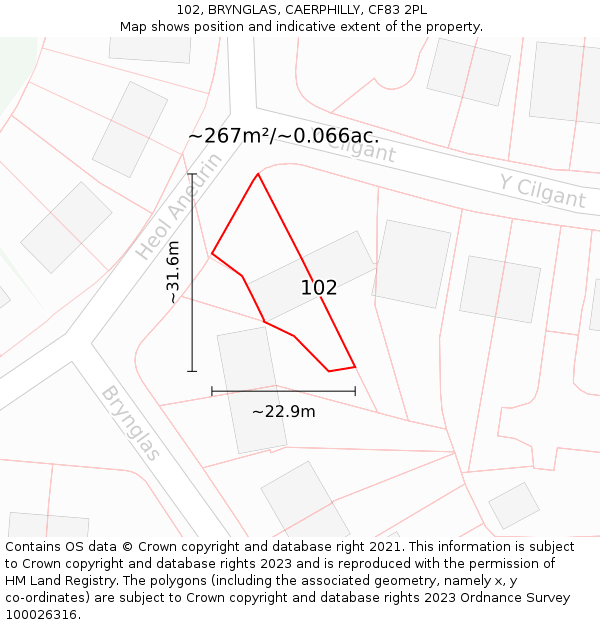 102, BRYNGLAS, CAERPHILLY, CF83 2PL: Plot and title map