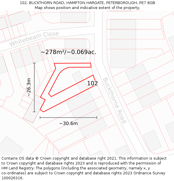 102, BUCKTHORN ROAD, HAMPTON HARGATE, PETERBOROUGH, PE7 8GB: Plot and title map