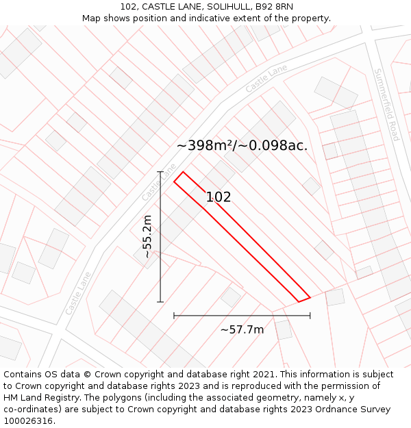 102, CASTLE LANE, SOLIHULL, B92 8RN: Plot and title map