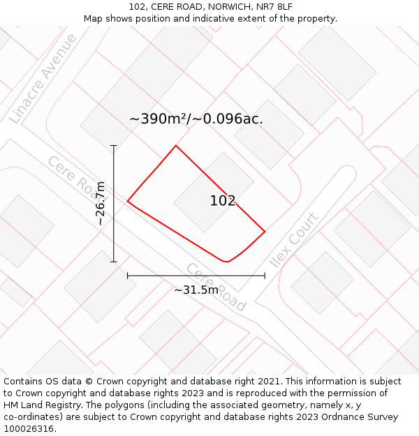 102, CERE ROAD, NORWICH, NR7 8LF: Plot and title map