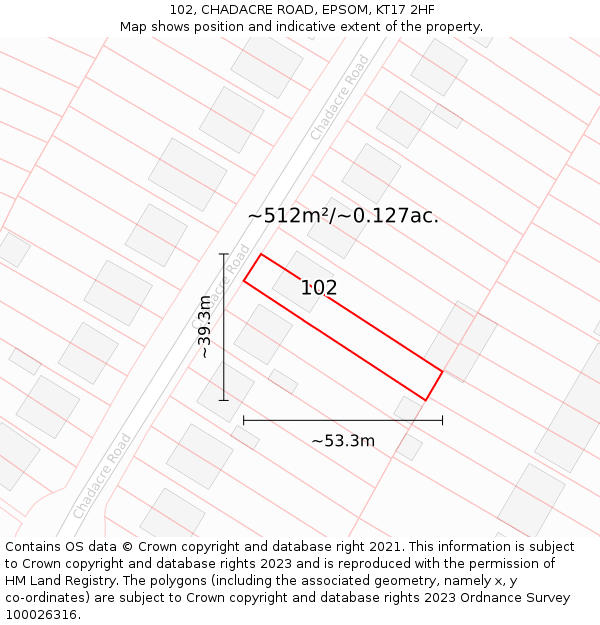 102, CHADACRE ROAD, EPSOM, KT17 2HF: Plot and title map