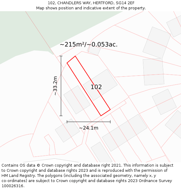 102, CHANDLERS WAY, HERTFORD, SG14 2EF: Plot and title map