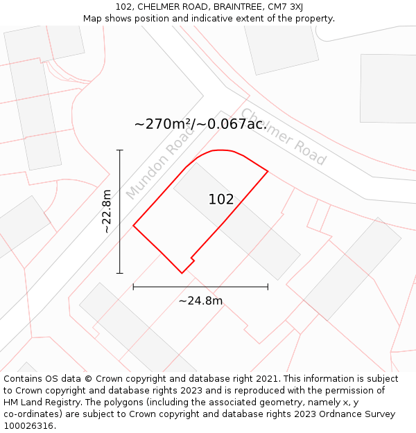 102, CHELMER ROAD, BRAINTREE, CM7 3XJ: Plot and title map