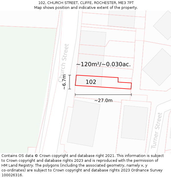 102, CHURCH STREET, CLIFFE, ROCHESTER, ME3 7PT: Plot and title map