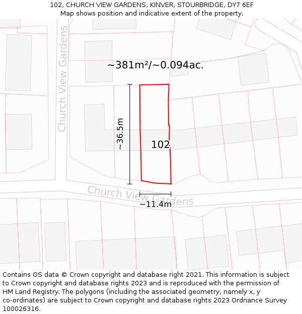 102, CHURCH VIEW GARDENS, KINVER, STOURBRIDGE, DY7 6EF: Plot and title map