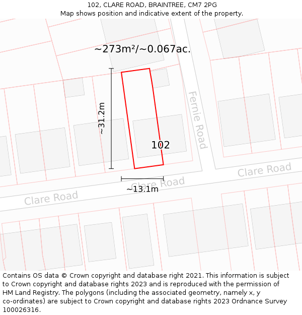 102, CLARE ROAD, BRAINTREE, CM7 2PG: Plot and title map