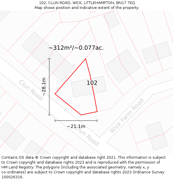 102, CLUN ROAD, WICK, LITTLEHAMPTON, BN17 7EQ: Plot and title map