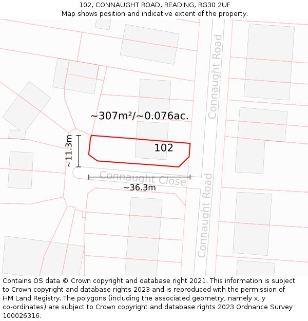 102, CONNAUGHT ROAD, READING, RG30 2UF: Plot and title map