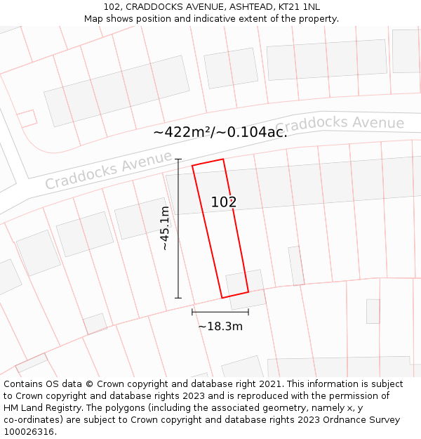 102, CRADDOCKS AVENUE, ASHTEAD, KT21 1NL: Plot and title map
