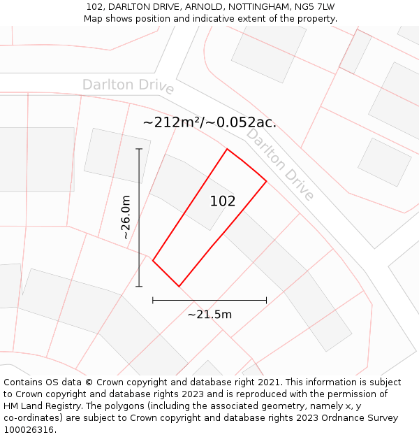 102, DARLTON DRIVE, ARNOLD, NOTTINGHAM, NG5 7LW: Plot and title map