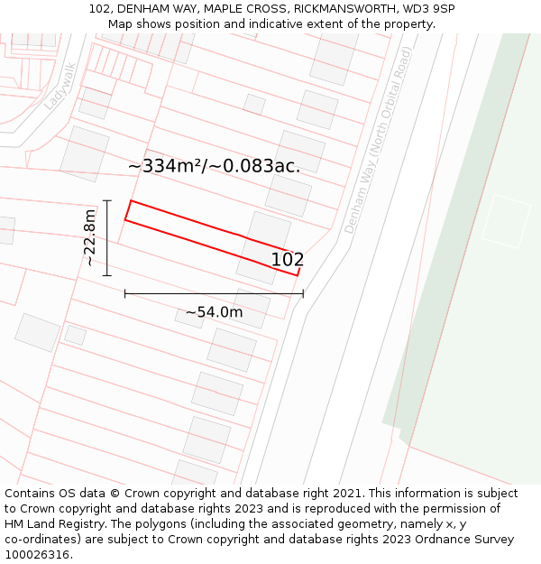 102, DENHAM WAY, MAPLE CROSS, RICKMANSWORTH, WD3 9SP: Plot and title map