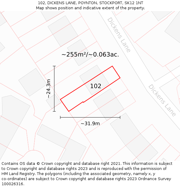 102, DICKENS LANE, POYNTON, STOCKPORT, SK12 1NT: Plot and title map