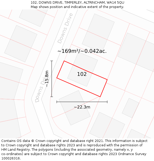 102, DOWNS DRIVE, TIMPERLEY, ALTRINCHAM, WA14 5QU: Plot and title map