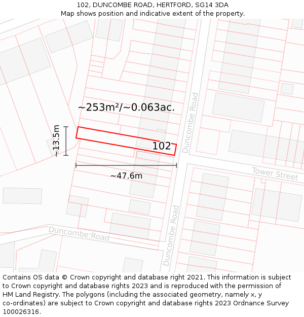 102, DUNCOMBE ROAD, HERTFORD, SG14 3DA: Plot and title map