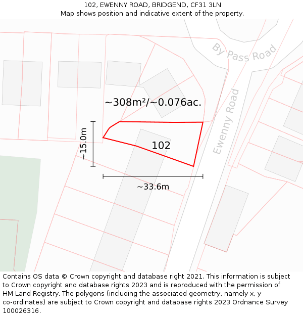 102, EWENNY ROAD, BRIDGEND, CF31 3LN: Plot and title map