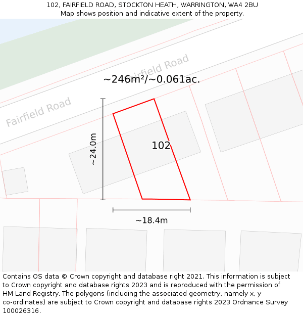 102, FAIRFIELD ROAD, STOCKTON HEATH, WARRINGTON, WA4 2BU: Plot and title map