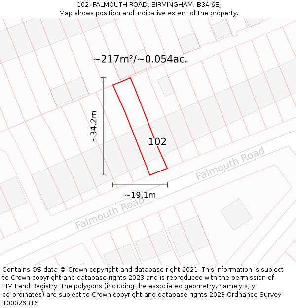 102, FALMOUTH ROAD, BIRMINGHAM, B34 6EJ: Plot and title map