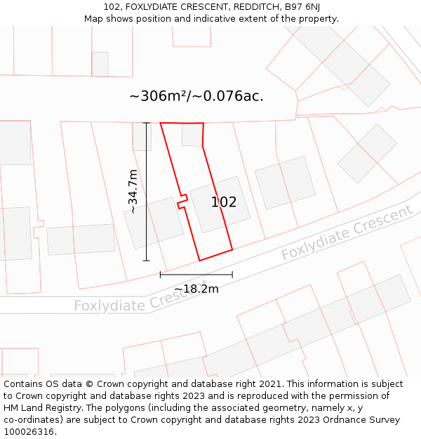 102, FOXLYDIATE CRESCENT, REDDITCH, B97 6NJ: Plot and title map