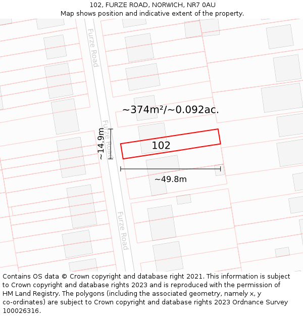 102, FURZE ROAD, NORWICH, NR7 0AU: Plot and title map