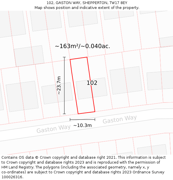 102, GASTON WAY, SHEPPERTON, TW17 8EY: Plot and title map