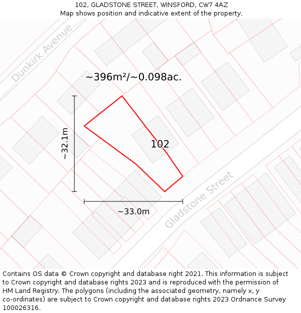 102, GLADSTONE STREET, WINSFORD, CW7 4AZ: Plot and title map