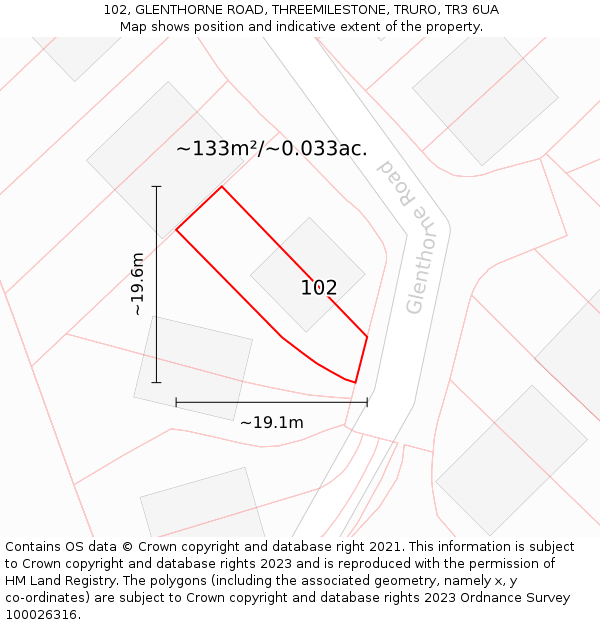 102, GLENTHORNE ROAD, THREEMILESTONE, TRURO, TR3 6UA: Plot and title map
