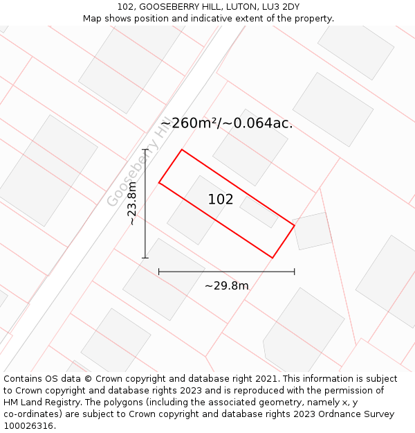 102, GOOSEBERRY HILL, LUTON, LU3 2DY: Plot and title map