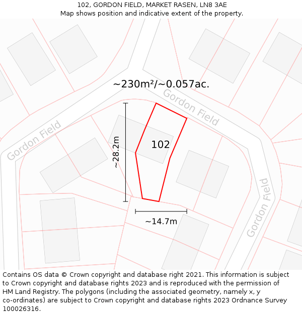 102, GORDON FIELD, MARKET RASEN, LN8 3AE: Plot and title map