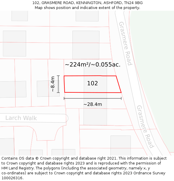 102, GRASMERE ROAD, KENNINGTON, ASHFORD, TN24 9BG: Plot and title map