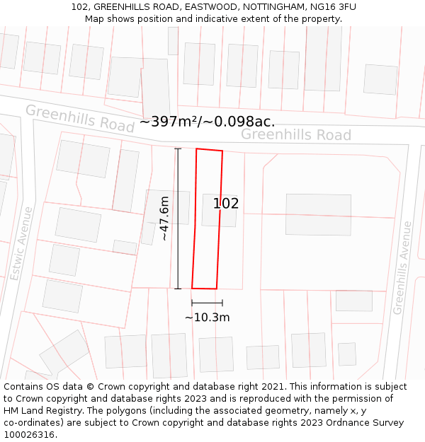 102, GREENHILLS ROAD, EASTWOOD, NOTTINGHAM, NG16 3FU: Plot and title map