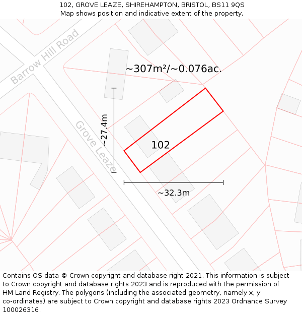 102, GROVE LEAZE, SHIREHAMPTON, BRISTOL, BS11 9QS: Plot and title map