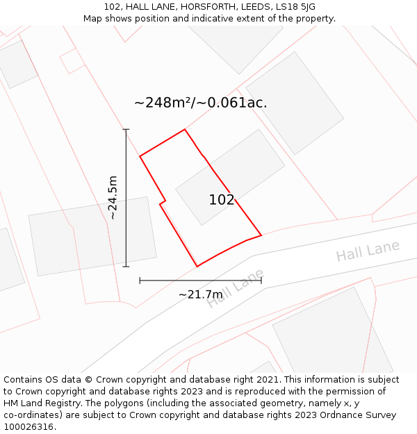 102, HALL LANE, HORSFORTH, LEEDS, LS18 5JG: Plot and title map